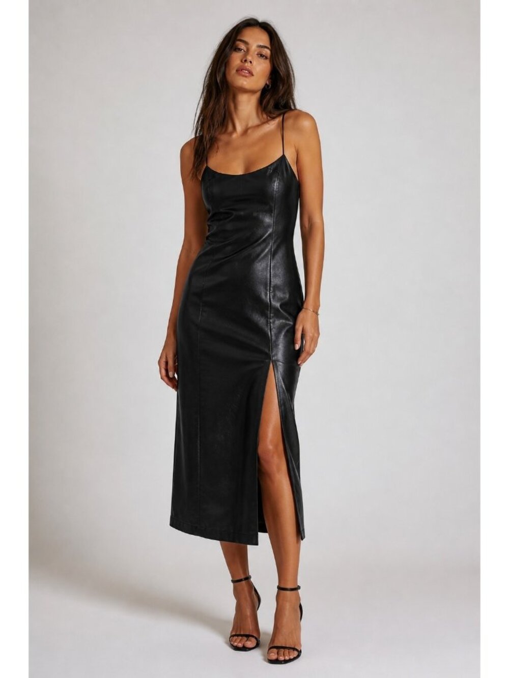 Olia Womens Small Black Faux PU Leather Slip Dress Midi Bodycon Front Slit NEW